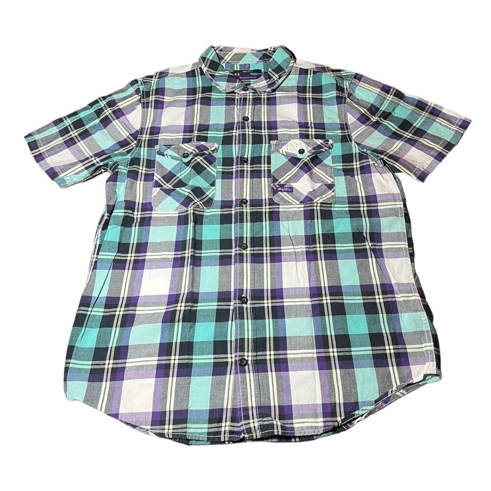 LRG Wovens Causal Plaid Blue Button Down Short Sleeve Shirt Mens Size Medium